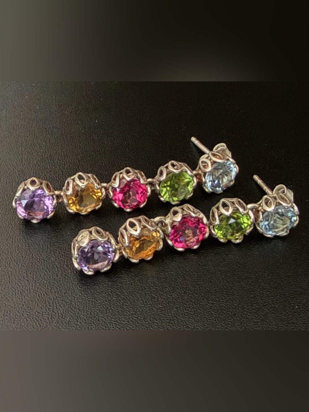 VINTAGE K 925 STERLING SILVER MULTI GEMSTONE LINEAR DANGLE DROP EARRINGS 1.5"